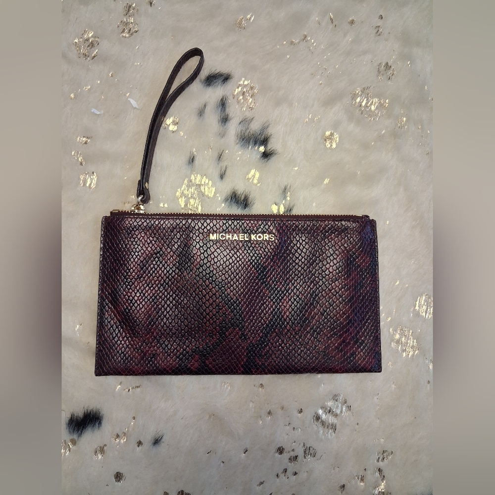 Michael Kors Deep Burgundy Snake-Embossed Wristlet with Gold Hardware